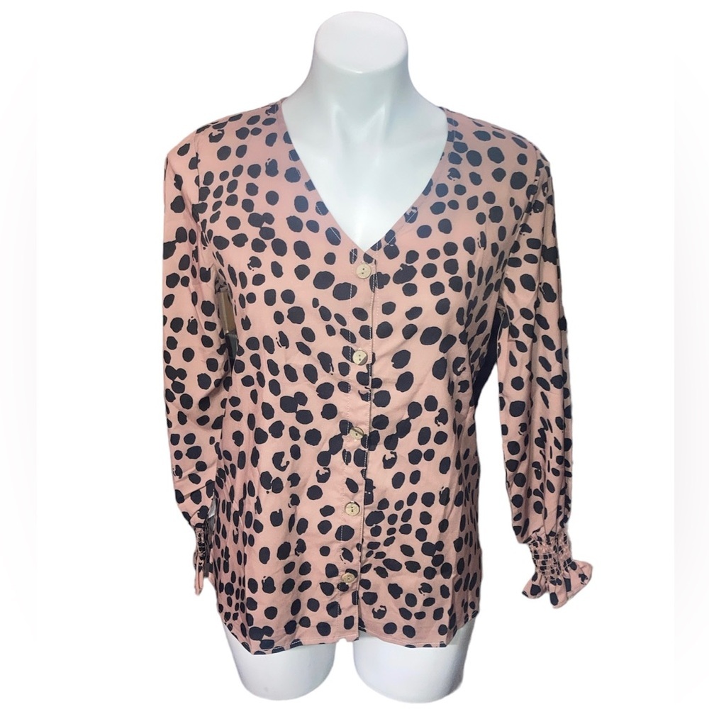 Womens Pink & Black Small Animal Print Long Sleeve Blouse